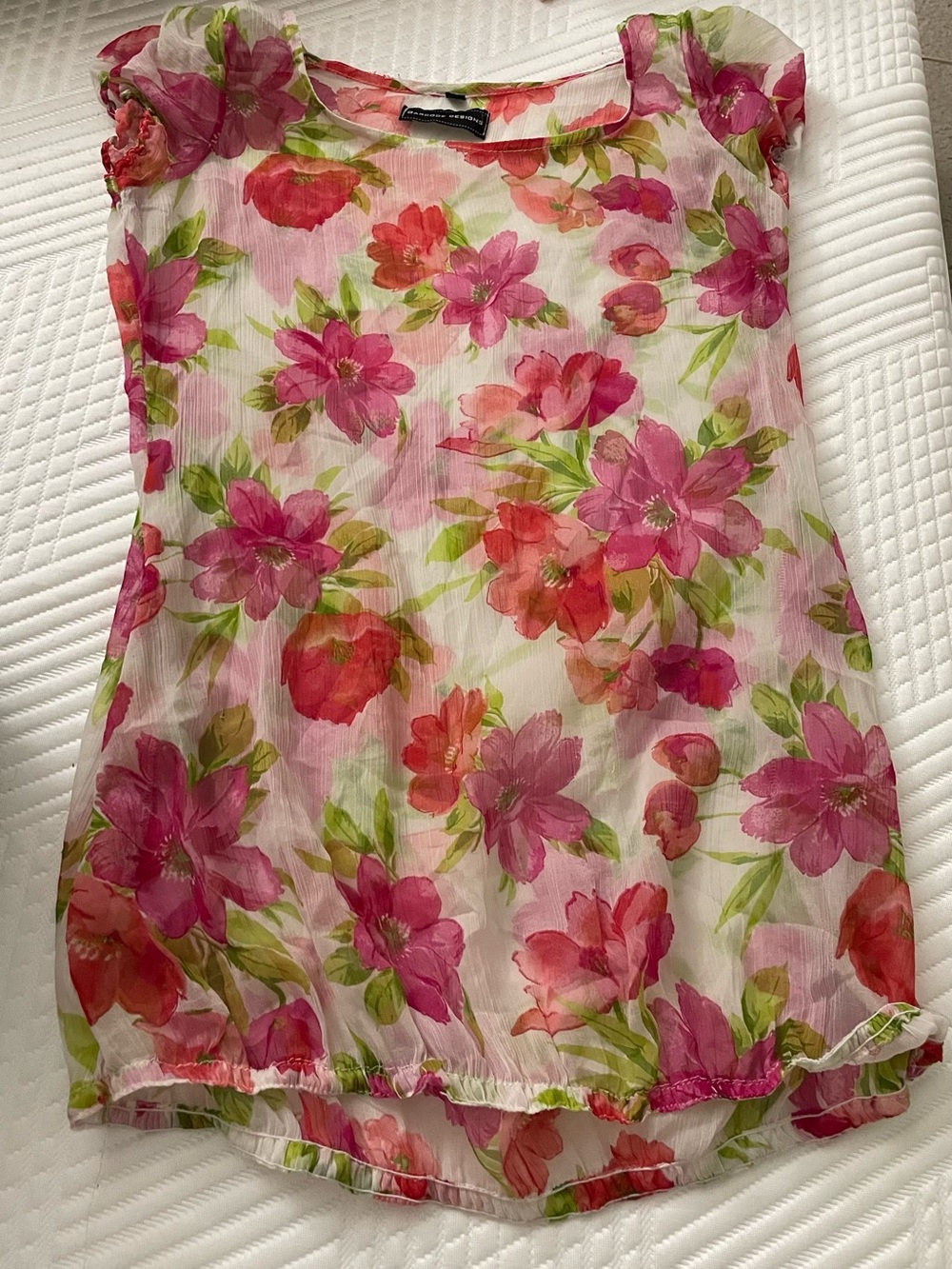 Floral Pink Sheer Cap-Sleeve Women’s Top